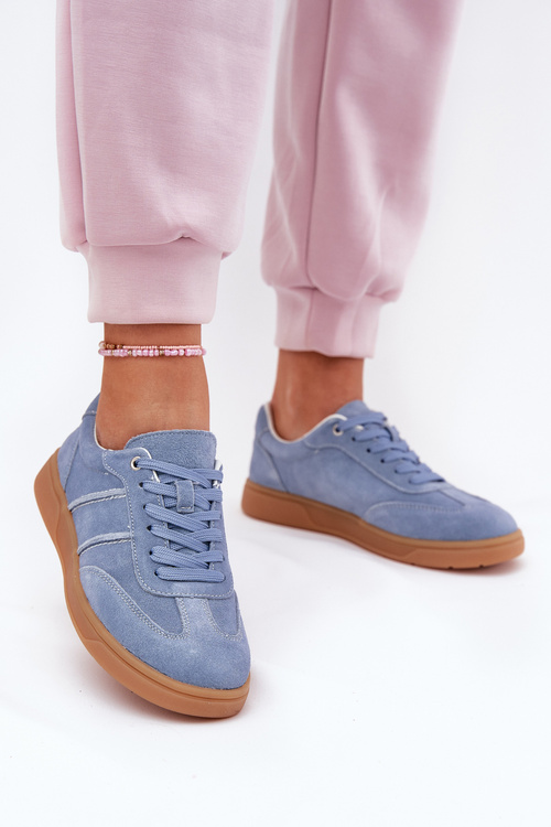 Sneakersy Damskie Niskie Z Naturalnego Zamszu Niebieskie Paliana 