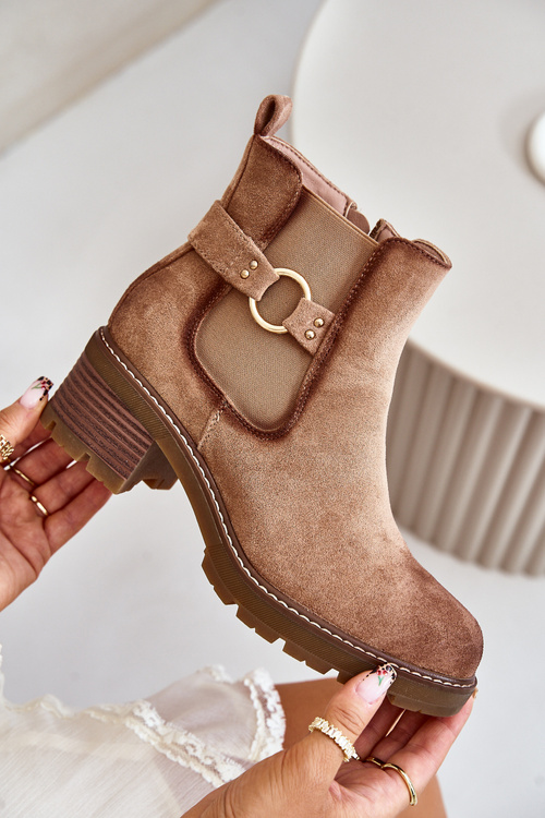 Women's Insulated Ankle Boots With Heel And Golden Detail Eco Suede Light Brown Mailta