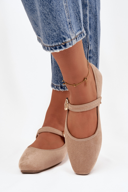 Ballet flats with strap and gold buckle Eco suede Beige Adelora