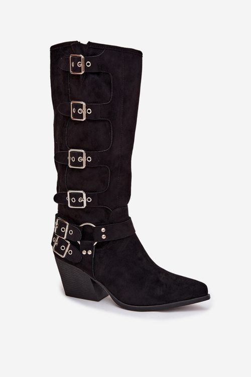Cowboy Boots with Block Heel with Buckles Black Fivelle
