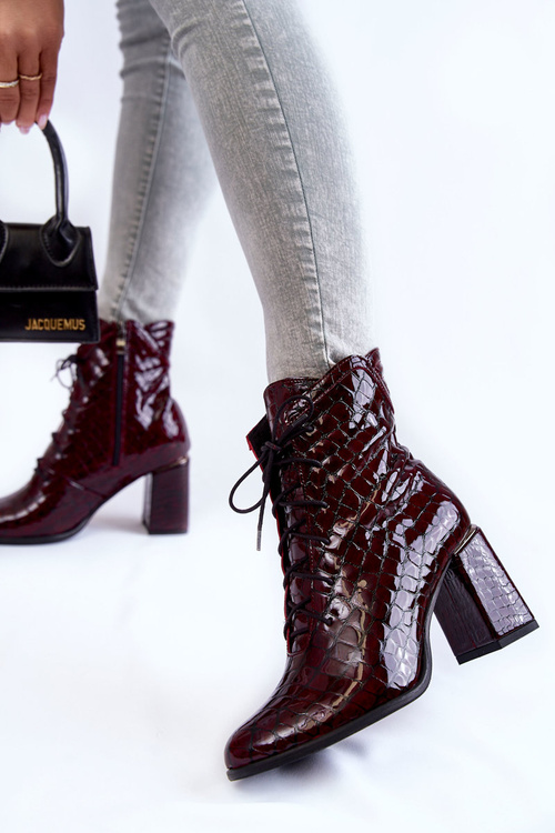 Botki Damskie Lakier Skóra Obcas Krokodyli Wzór Bordowe Alva