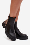 Insulated women's ankle boots with gold detail leopard pattern black Calista