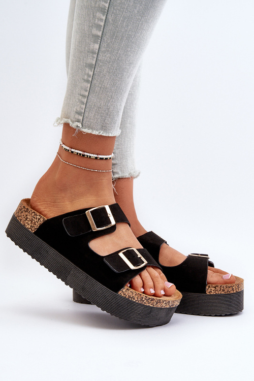Women's Platform Sandals with Buckles Black