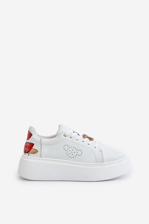 Women's Leather Sneakers On Platform With Pendant And Decorative Flower 89100 White