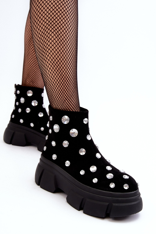 Suede Lined Winter Boots with Crystals D A MR52-205 Black Botki Damskie