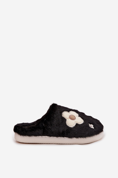 Furry slippers with flowers Black Selinne