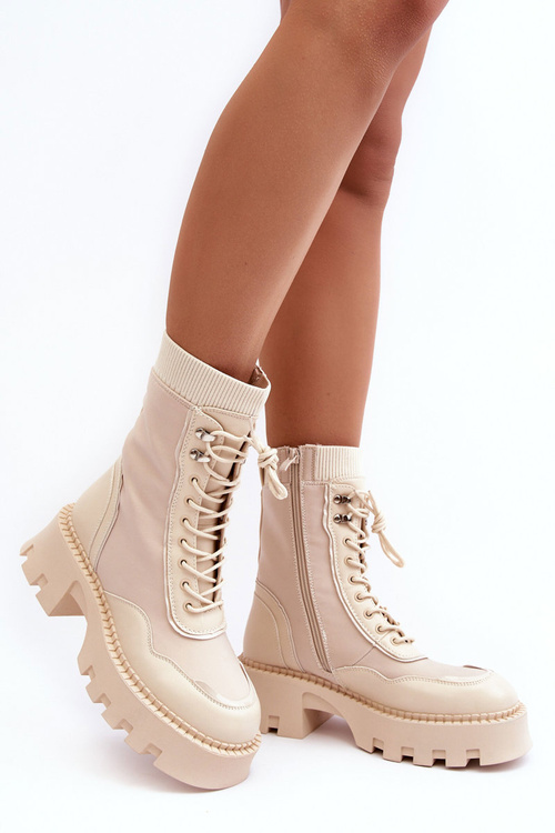 Botki Workery Sznurowane Masywne Beżowe Seloma JJ22