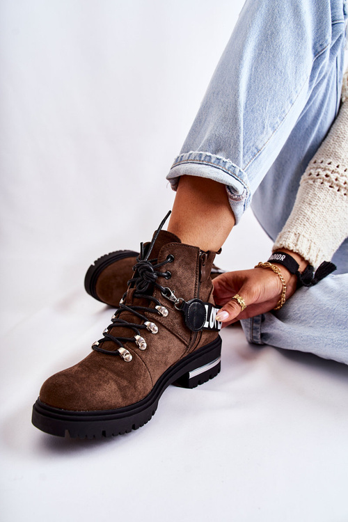 Botki Zamsz Ocieplane Pasek Ciemnobrązowe Aurelio