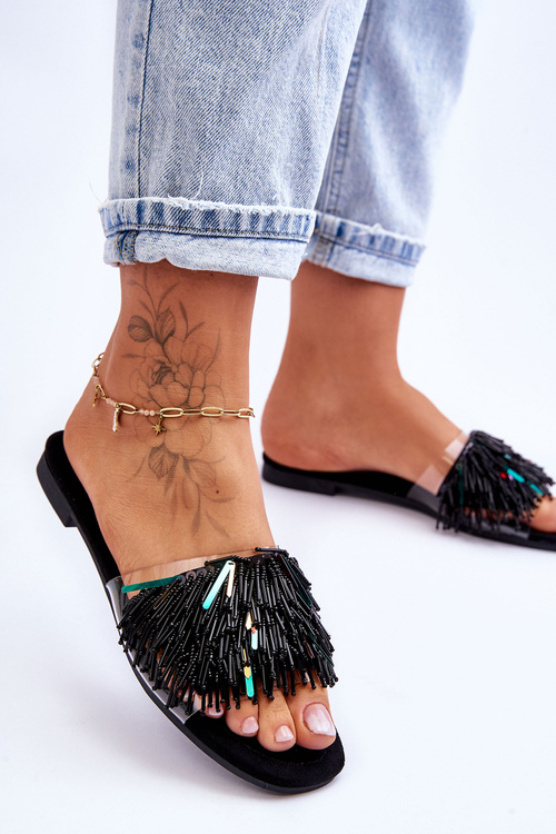 Klapki Damskie Modne Ozdoby Czarne S.Barski KV-576-4