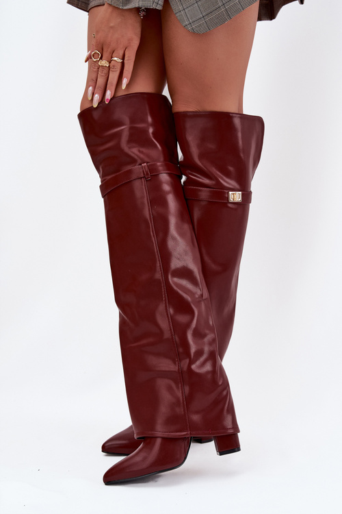Insulated Boots with Turned Over Shaft Over the Knee Block Heel Bordeaux Serelle