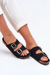 Women's Sandals With Golden Buckles And Stitching Black Lunera