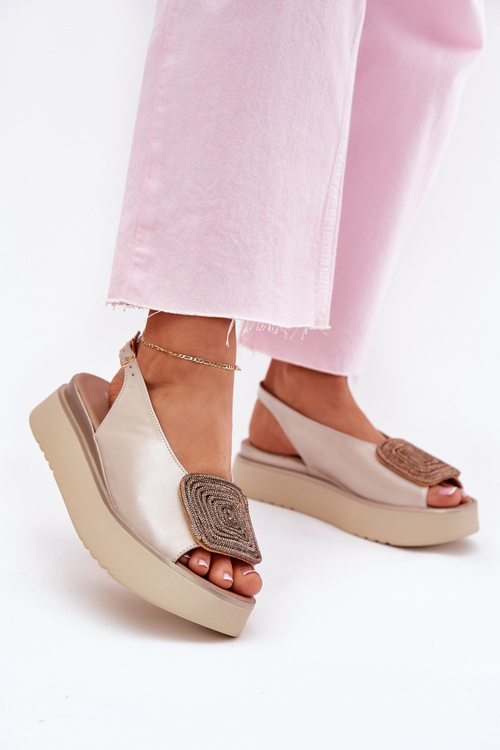 Zazoo 1786 Leather Women's Sandals On Platform With Decoration Pearl Beige