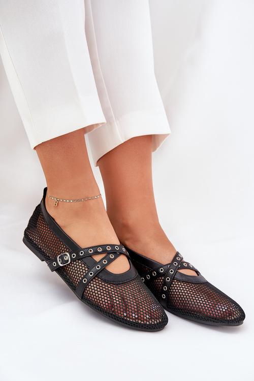 Mesh Flat Ballet Shoes With Straps Black Salliroe
