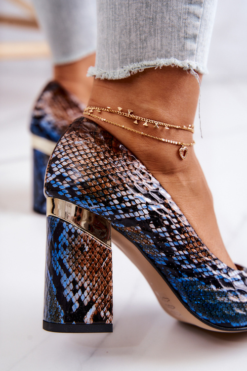 Czółenka Skórzane Wężowe Brązowo-Niebieskie Lewski 3117