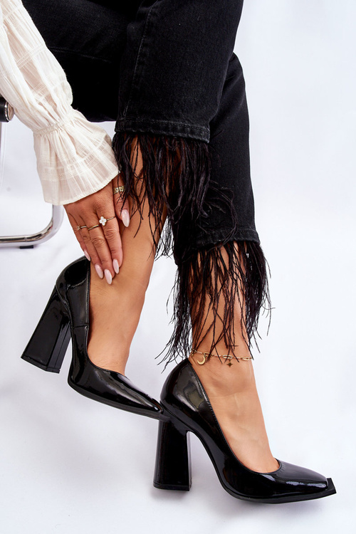 Fashionable Patent Leather Heel Pumps Black Mysterious