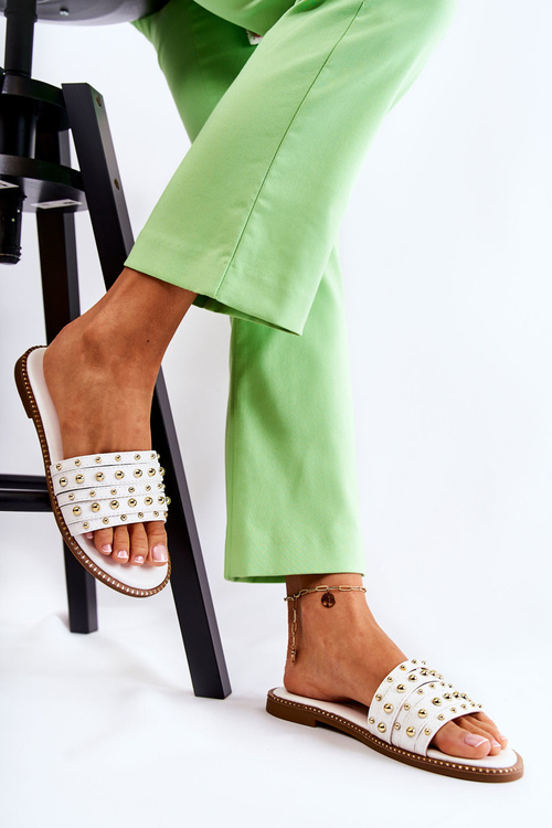 Women's Leather Slippers With Decoration White Brien