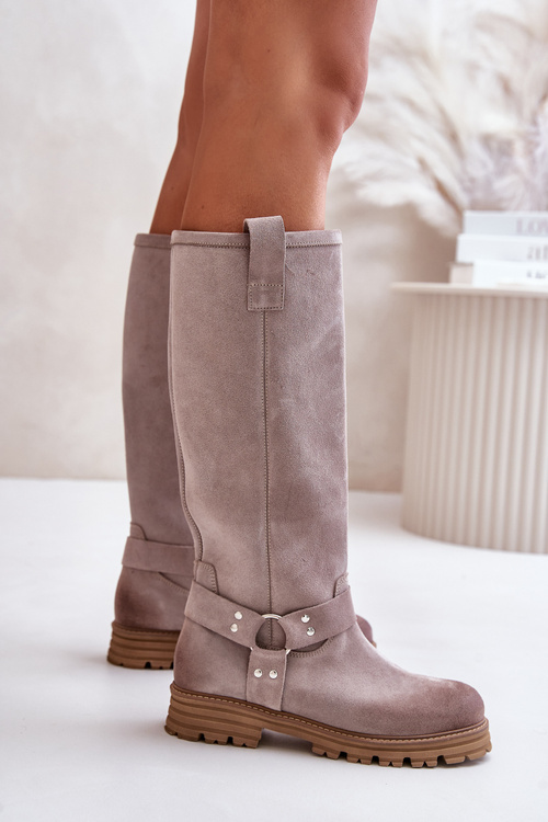 Damskie Zamszowe Kozaki Przed Kolano Cappucino Lewski 3615