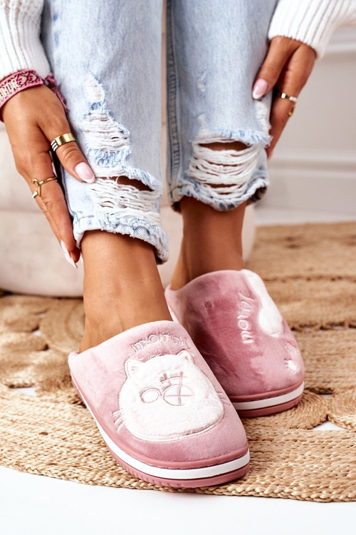 Velor Slippers With A Cat Dark Pink Good Morning