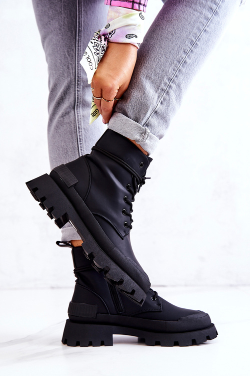Leather Tiered Boots Black Racquell