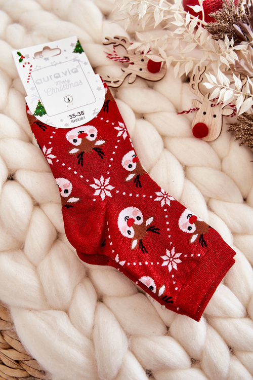 Skarpetki Damskie Świąteczne Błyszczące Renifery Czerwone