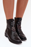 Insulated women's ankle boots with flat heel decorated with flowers black Pravienne