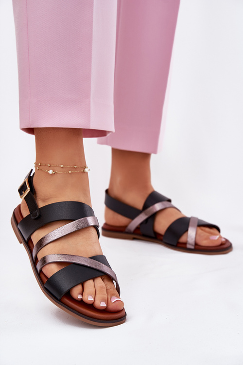 Damskie Sandały Płaskie Z Paskami Czarne Sergio Leone SK086H