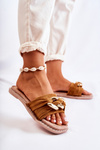 Suede Slippers With Decorative Chain Camel Louie