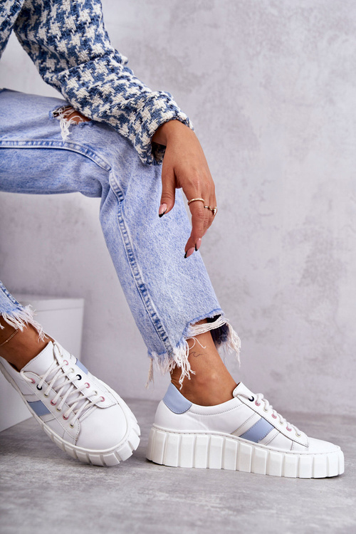 Women's Sport Leather Shoes Tied White and Blue Ariva