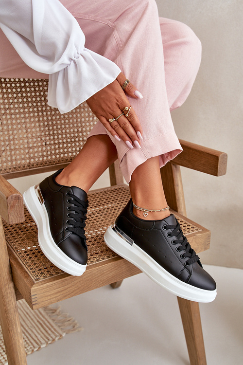 Trampki Damskie Niskie Na Platformie Eko Skórzane Czarne Nevelena