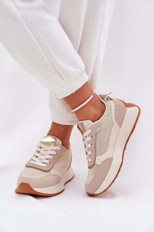 Ladies Sports Shoes With Mesh On Platform Beige Poova