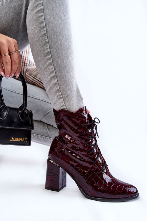 Women's Laquered Ankle Boots Crocodile Pattern Burgundy Alva