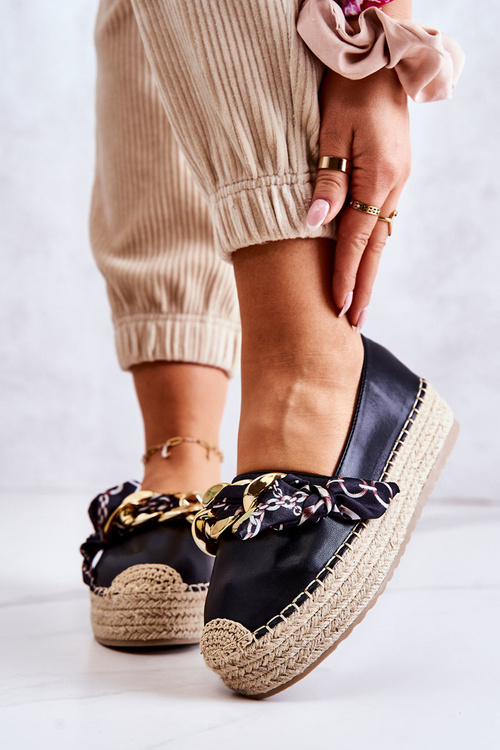 Espadryle Skóra Damskie Ozdobny Łańcuch Czarne Fancy
