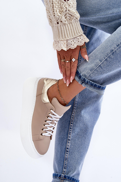 Buty Sportowe Skóra Platforma Beżowe Lemar 10150