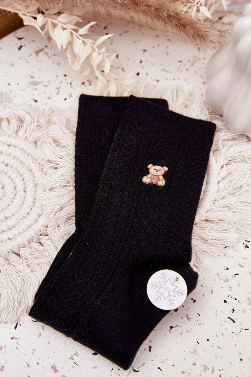 Damskie Skarpetki Ciepłe Z Wełną Miś Czarne 