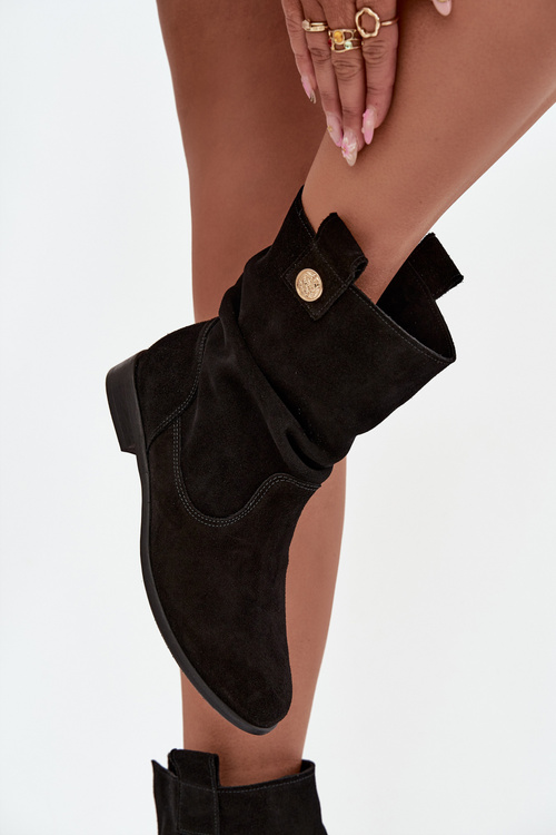 Leather Suede Women's Ankle Boots with Gathering Insulated Zazoo 4210 Black