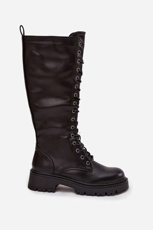 Damskie Kozaki Glany Ocieplane Sznurowane Eko Skórzane Czarne Novissa
