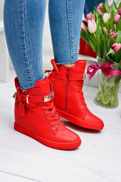 Women's Red Sneakers Gold Padlock Anchor Hudgens