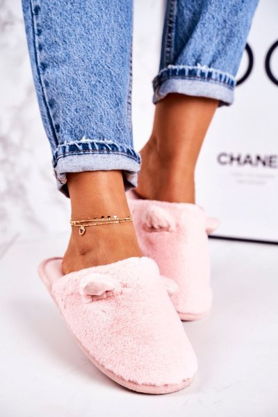 Women's Home Furry Slippers With Little Ears Light Pink Hippo