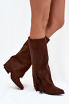 Women's Slip-On Cowboy Boots With Heels And Fringes Brown Zalia