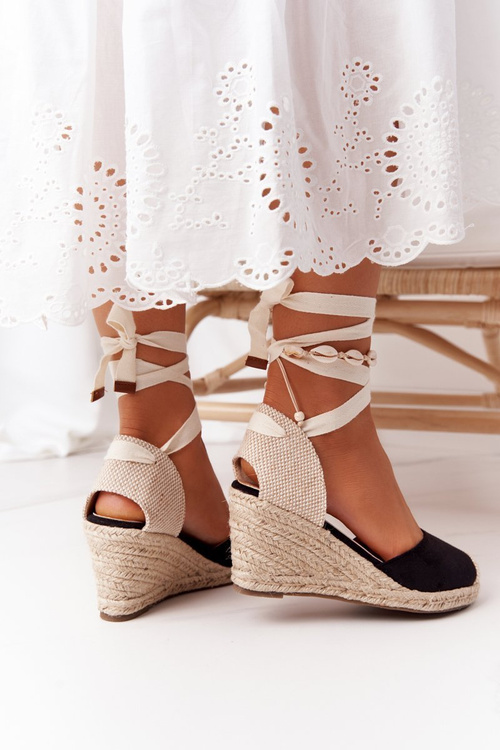 Wiązane Sandały Na Koturnie Z Plecionką Czarne Nelly