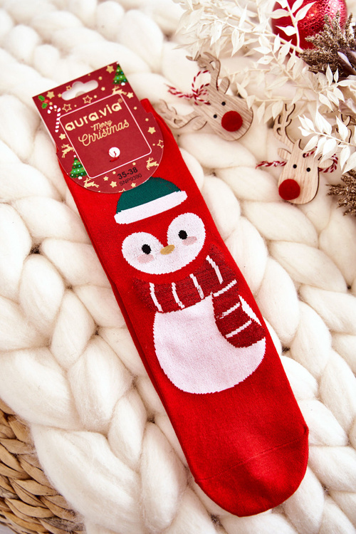 Women's Christmas Socks With A Penguin Pattern Red