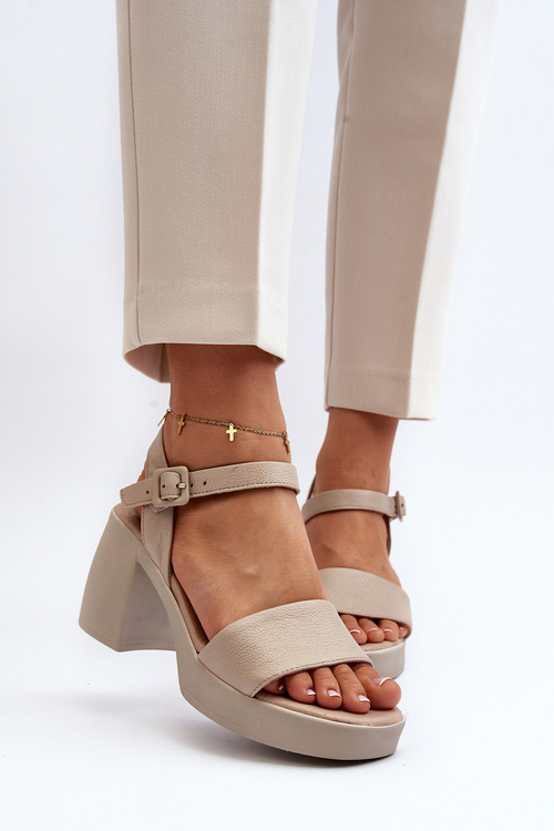 Sandały Damskie Na Klocku Skóra Beżowe Zazoo 40386