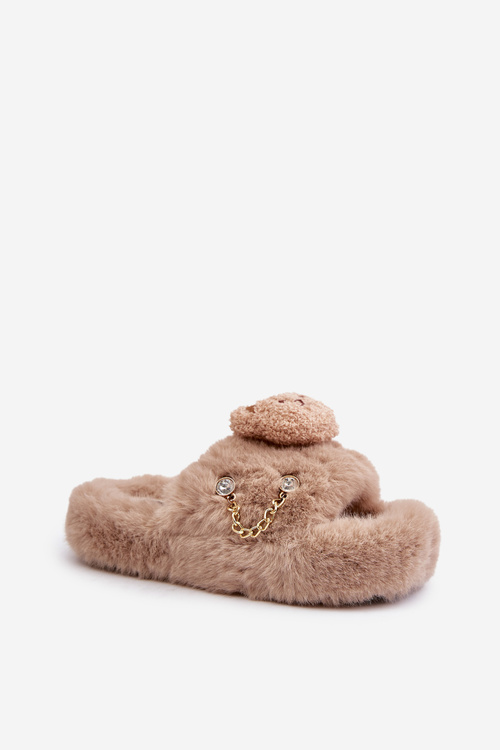 Women’s Furry Slippers With Bear And Decorative Elements Beige Innalise