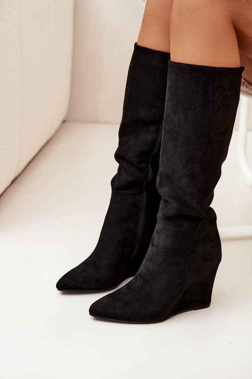 Damskie Kozaki Na Koturnie Ocieplane Zamek Czarne Rosina