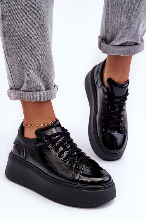 Buty Sportowe Lakierowane Skóra Platforma Czarne Lemar 10150