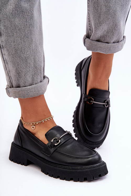 Women's Leather Moccasins on Platform Black Detes