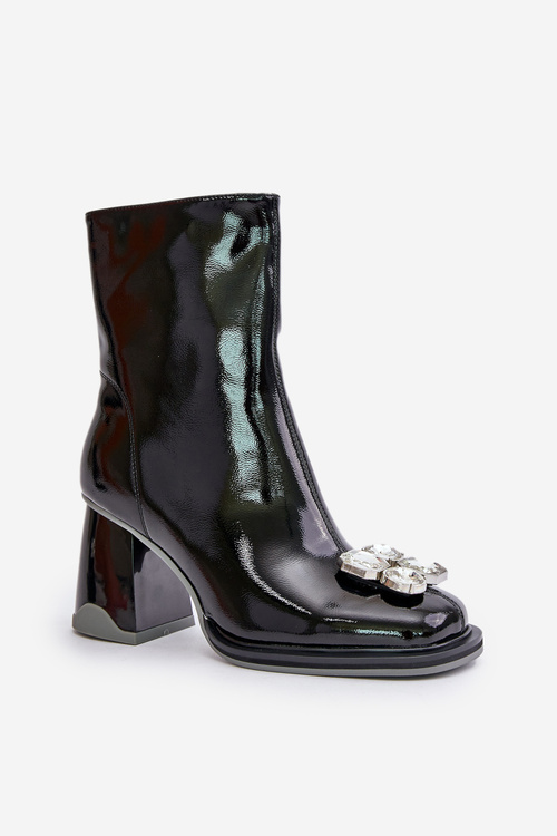 Botki Damskie Lakierowane Obcas Słupek Ozdoba Czarne D&A MR880-019