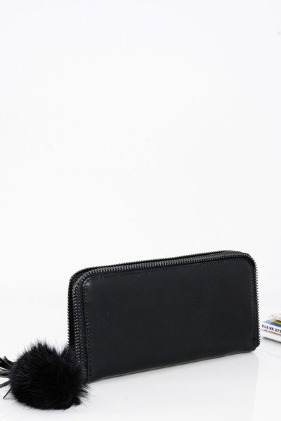 Women's Large Wallet Decorative Lock Keyring Pompon Black