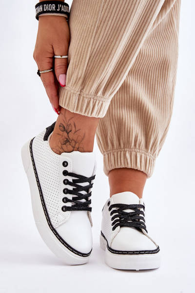 Trampki Niskie Damskie Perforacja Biało-Czarne  Daxton