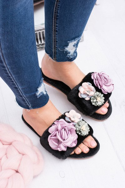 Czarne Klapki Damskie Z Kwiatkami Lu Boo Bouquet